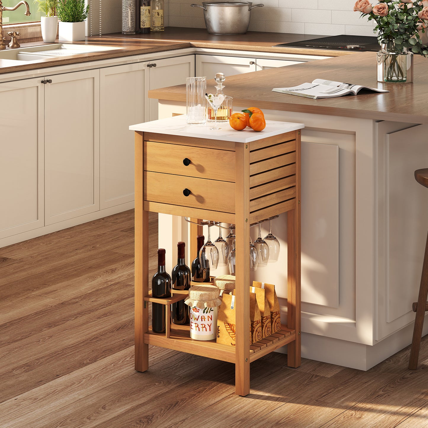 Patio Acacia Wood Storage Cabinet Patio Buffet Cabinet Bar Table with Faux Marble Countertop Outdoor & Patio Furniture at Gallery Canada