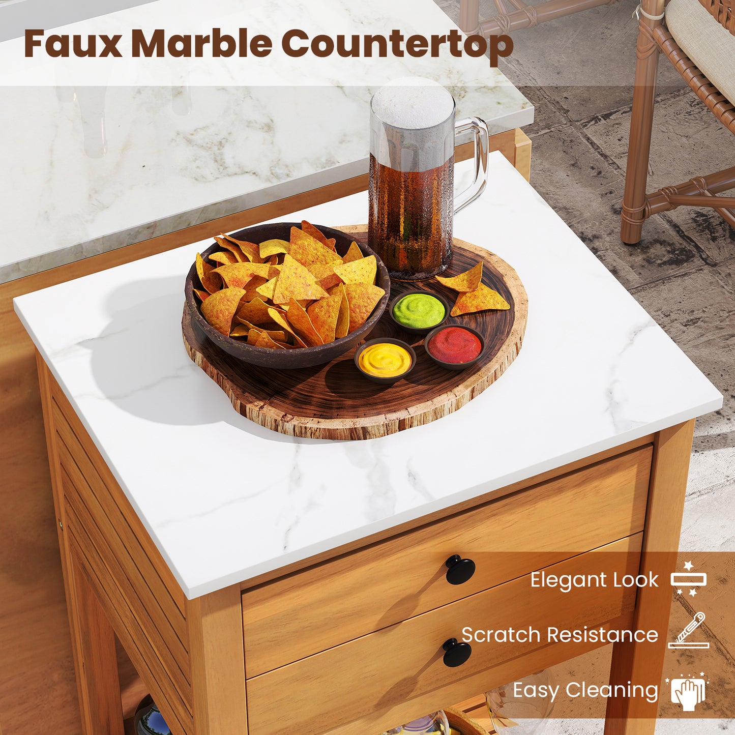 Patio Acacia Wood Storage Cabinet Patio Buffet Cabinet Bar Table with Faux Marble Countertop Outdoor & Patio Furniture at Gallery Canada