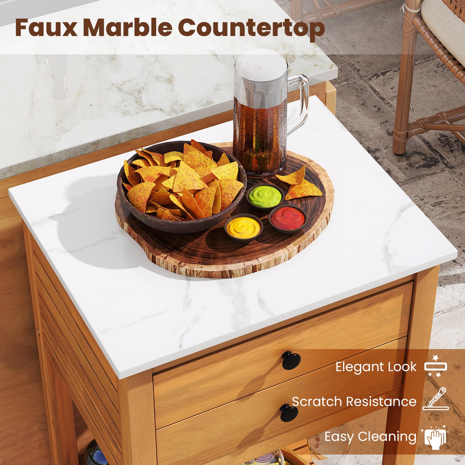 Patio Acacia Wood Storage Cabinet Patio Buffet Cabinet Bar Table with Faux Marble Countertop Outdoor & Patio Furniture at Gallery Canada