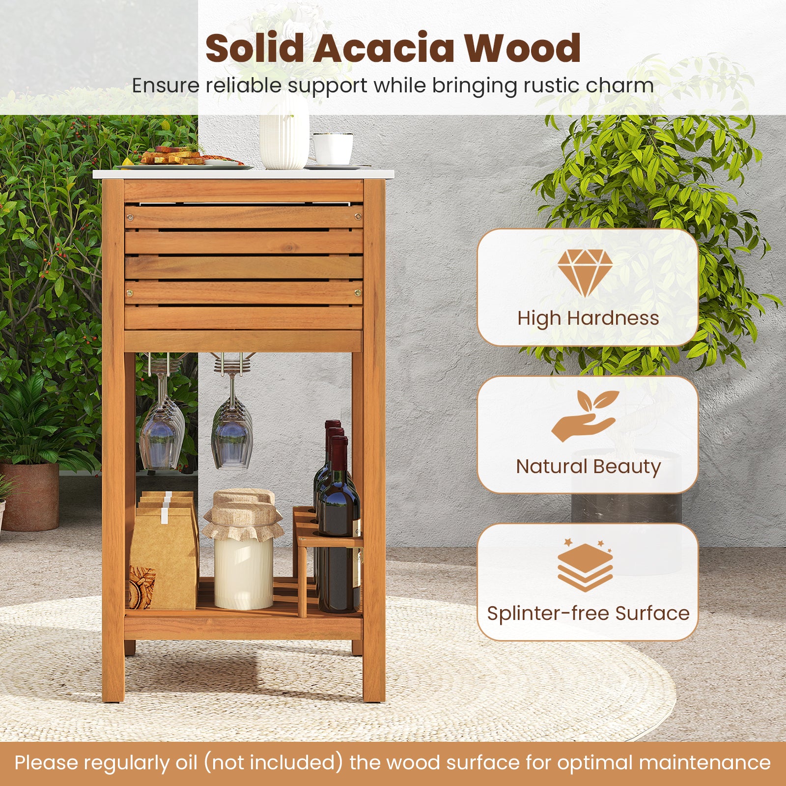 Patio Acacia Wood Storage Cabinet Patio Buffet Cabinet Bar Table with Faux Marble Countertop Outdoor & Patio Furniture at Gallery Canada