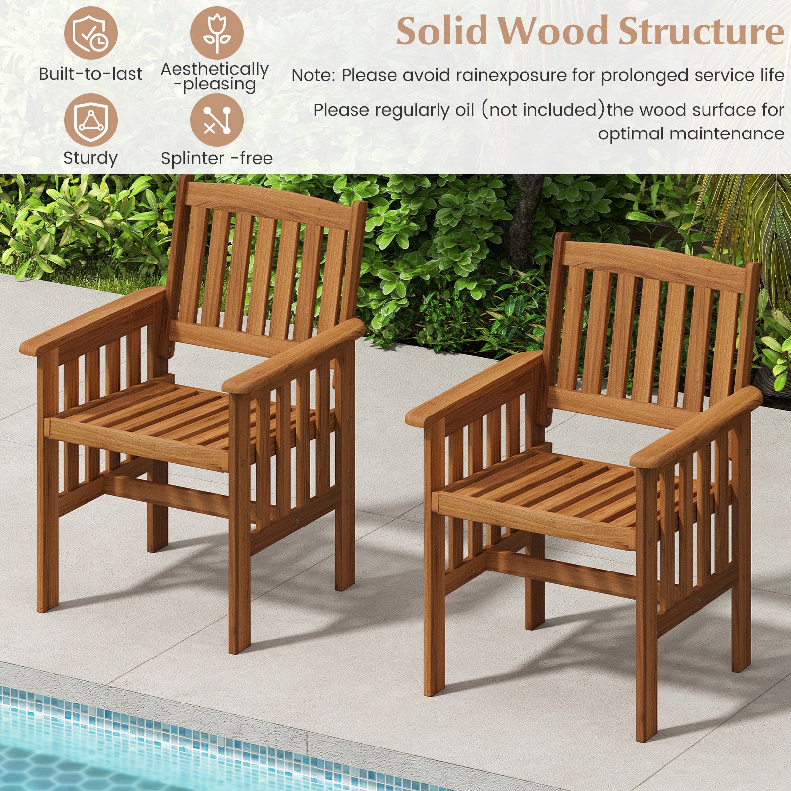 Patio Chairs Set of 2 Outdoor Solid Wood Chairs with Slatted Seat and Inclined Backrest, Natural Patio Dining Chairs at Gallery Canada