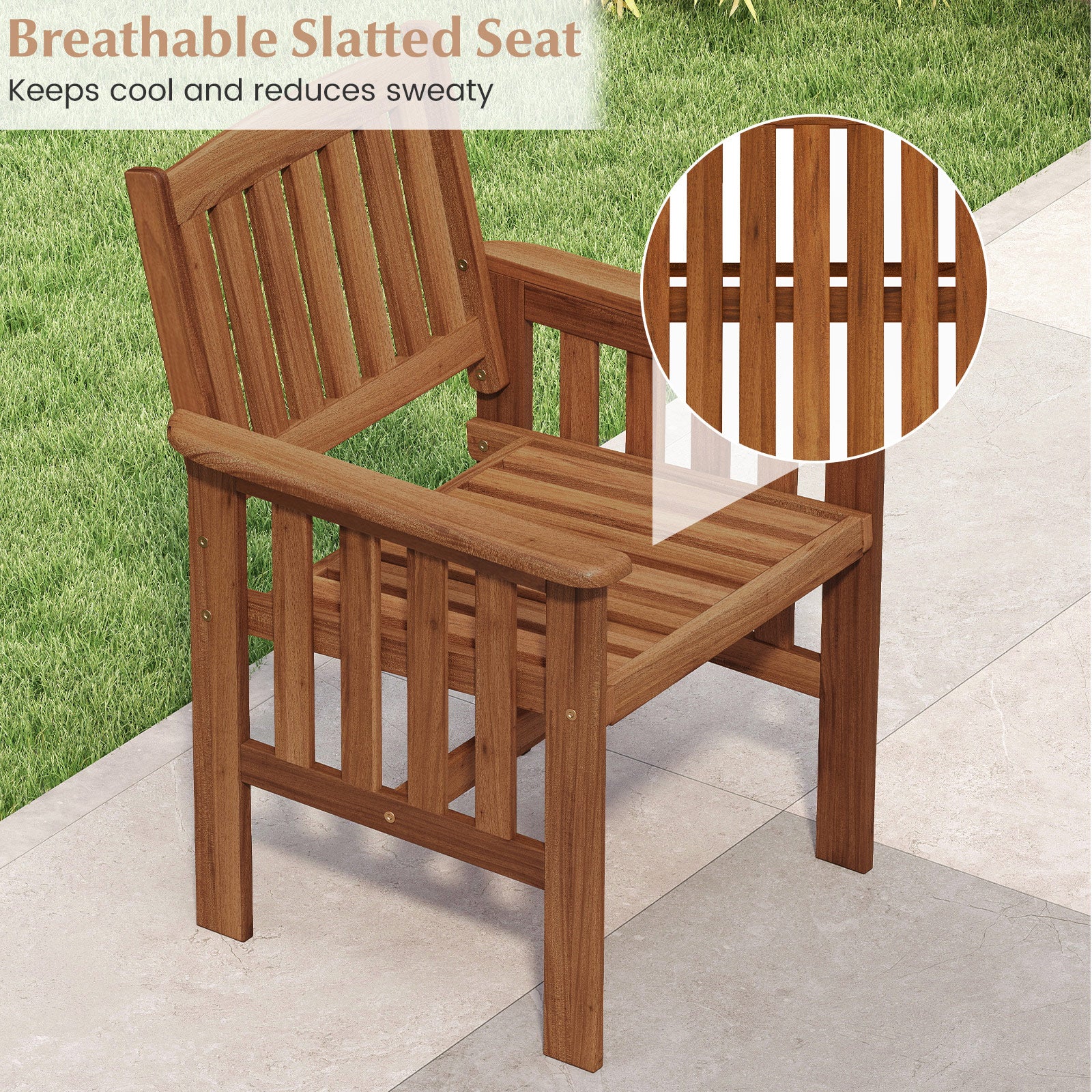 Patio Chairs Set of 2 Outdoor Solid Wood Chairs with Slatted Seat and Inclined Backrest, Natural Patio Dining Chairs at Gallery Canada