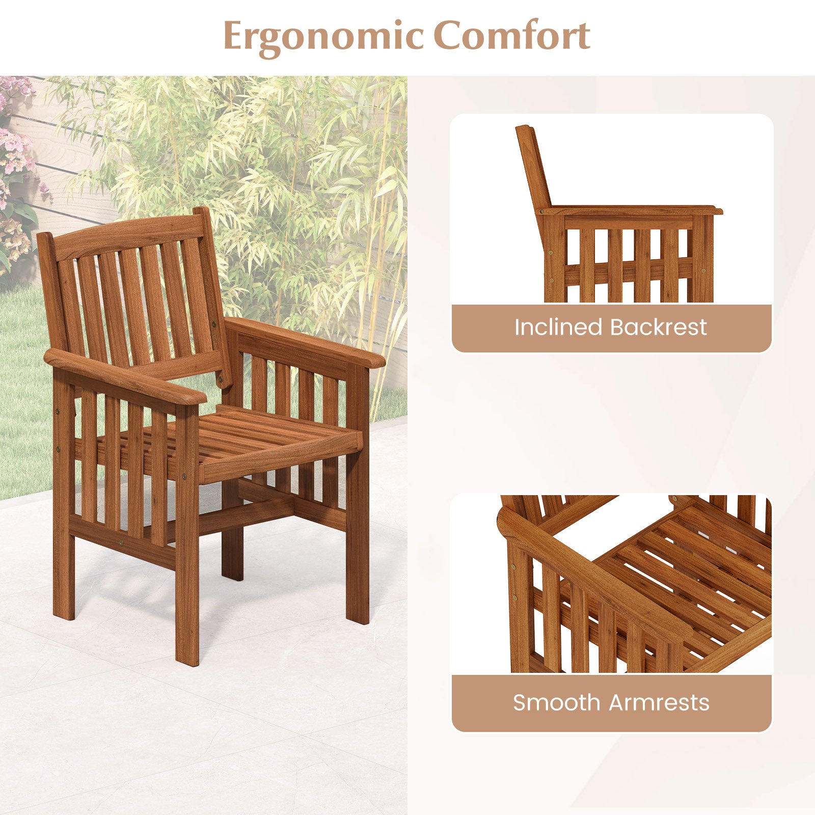Patio Chairs Set of 2 Outdoor Solid Wood Chairs with Slatted Seat and Inclined Backrest, Natural Patio Dining Chairs at Gallery Canada