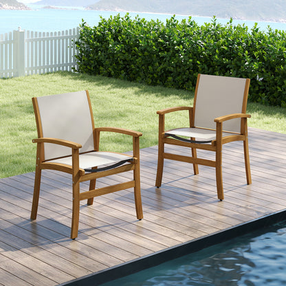 Patio Chairs Set of 2 Acacia Wood Armchairs with Breathable Fabric Back and Seat, Yellow Patio Dining Chairs at Gallery Canada