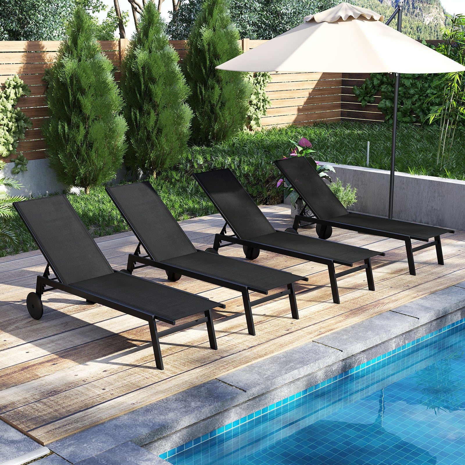 Patio Chaise Lounge Chair, Wheels, 6-Level Adjustable Backrest, Black Outdoor Chaise Lounges at Gallery Canada