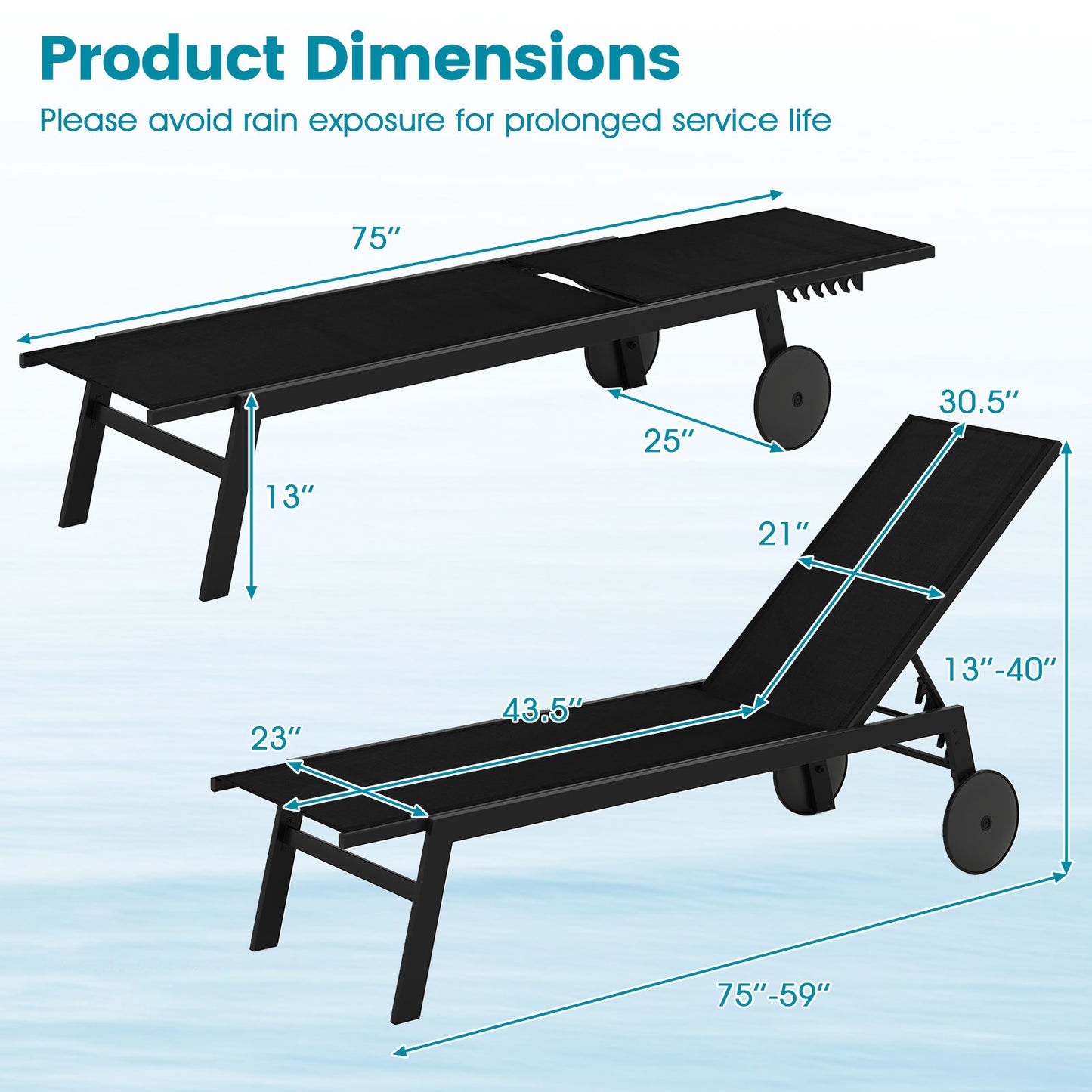 Patio Chaise Lounge Chair, Wheels, 6-Level Adjustable Backrest, Black Outdoor Chaise Lounges at Gallery Canada