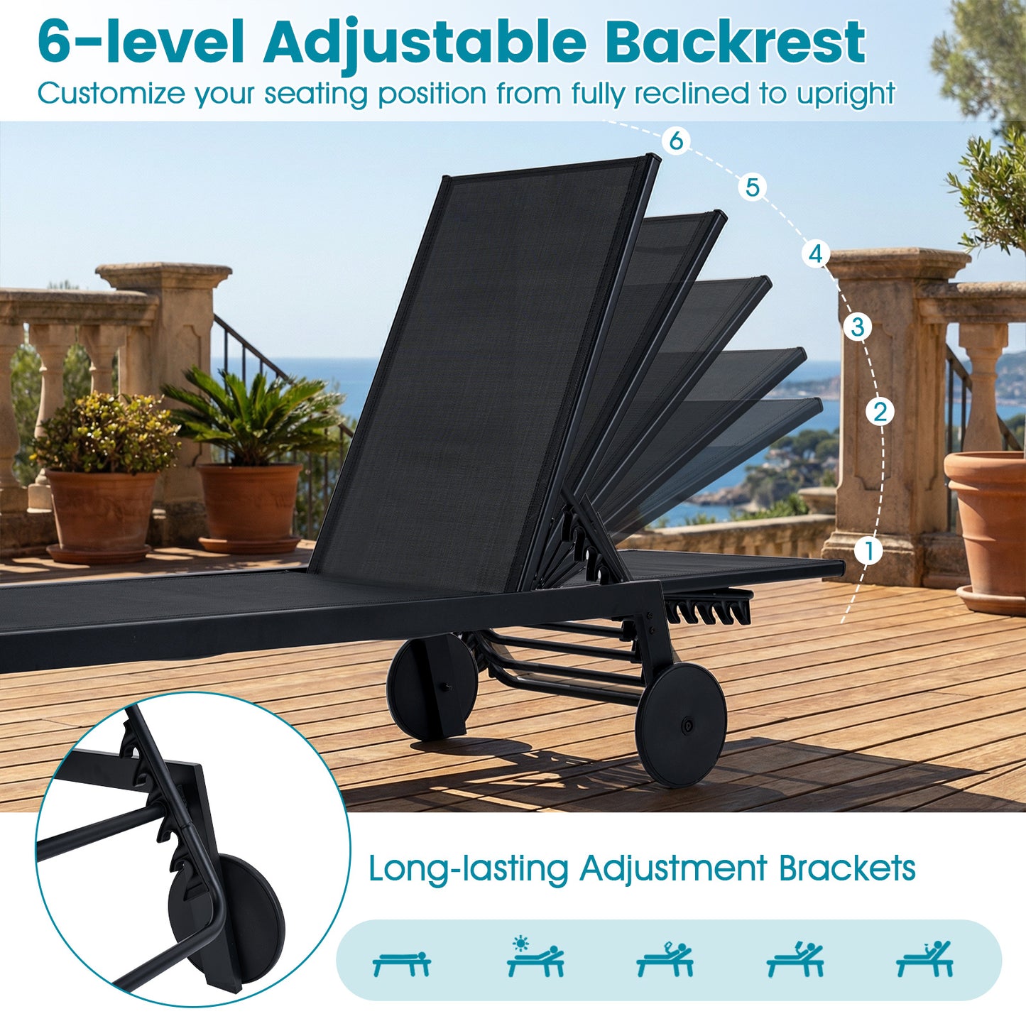 Patio Chaise Lounge Chair, Wheels, 6-Level Adjustable Backrest, Black Outdoor Chaise Lounges at Gallery Canada