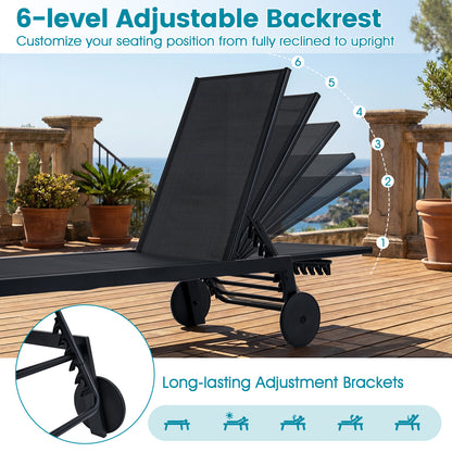 Patio Chaise Lounge Chair, Wheels, 6-Level Adjustable Backrest, Black Outdoor Chaise Lounges at Gallery Canada