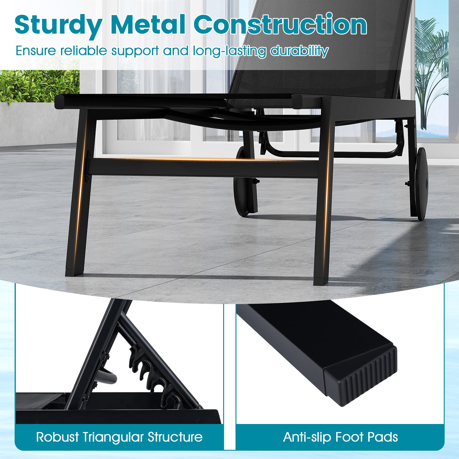 Patio Chaise Lounge Chair, Wheels, 6-Level Adjustable Backrest, Black Outdoor Chaise Lounges at Gallery Canada
