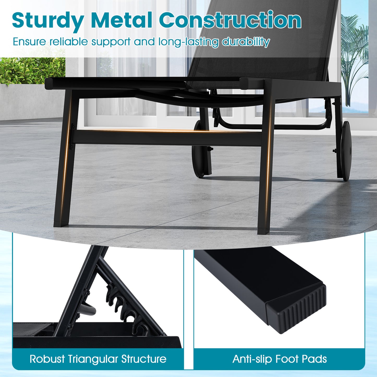 Patio Chaise Lounge Chair, Wheels, 6-Level Adjustable Backrest, Black Outdoor Chaise Lounges at Gallery Canada