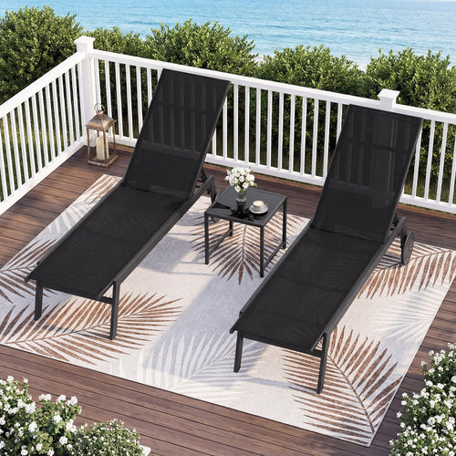 Patio Chaise Lounge Chair, Wheels, 6-Level Adjustable Backrest, Set of 2, Black