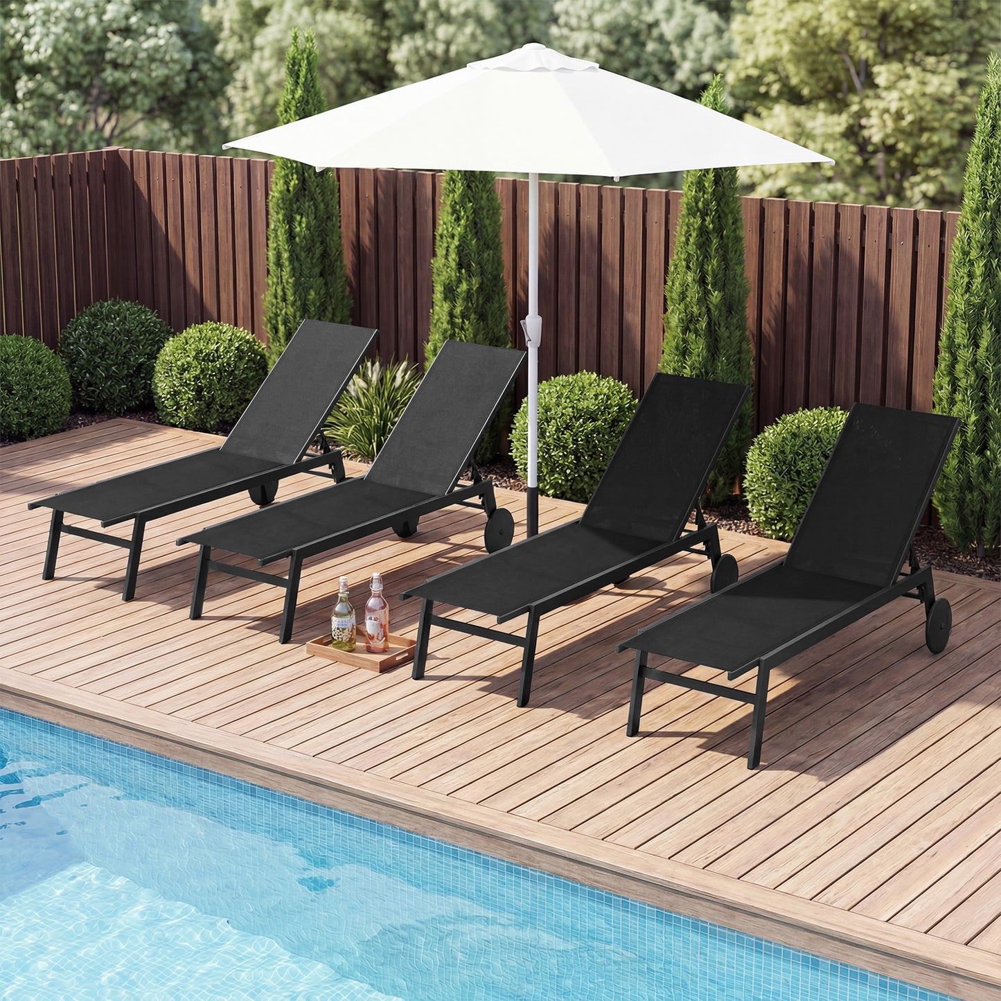 Patio Chaise Lounge Chair, Wheels, 6-Level Adjustable Backrest, Set of 2, Black Outdoor Chaise Lounges at Gallery Canada