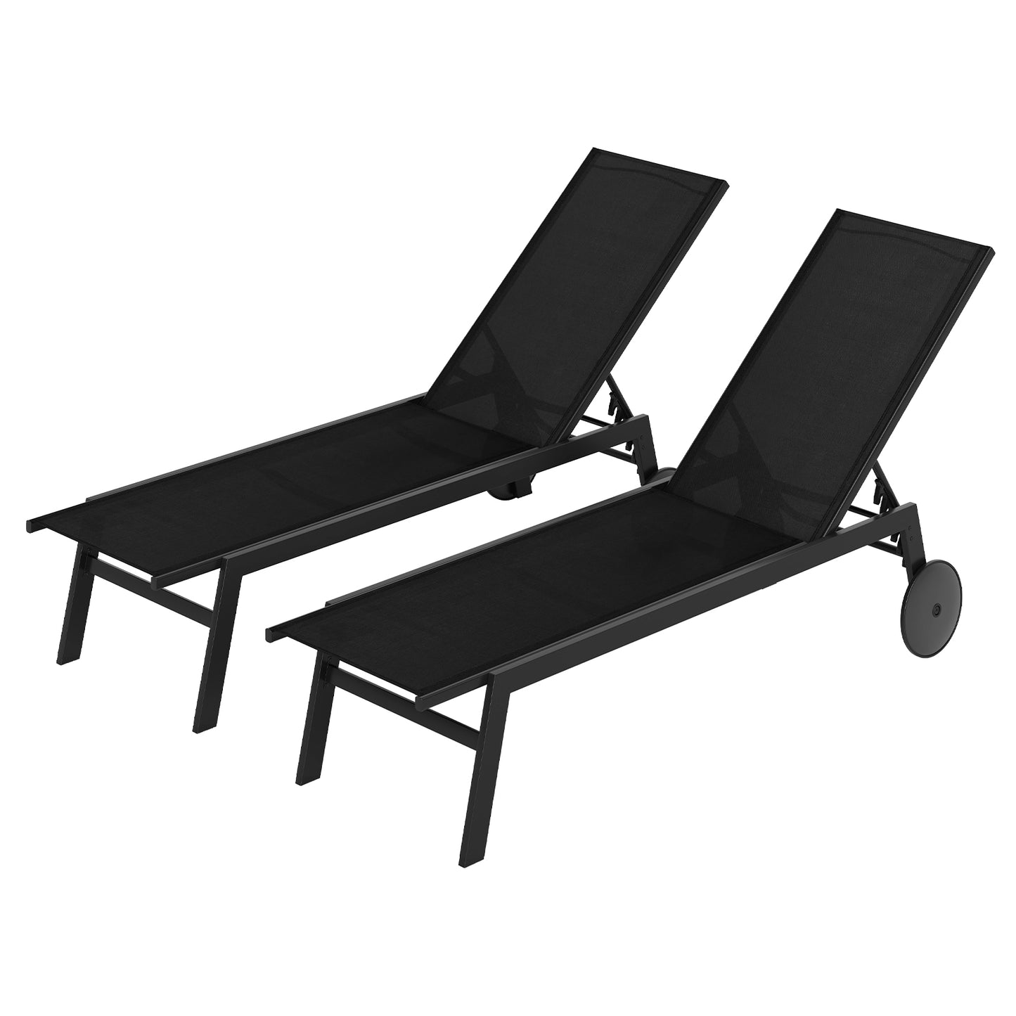 Patio Chaise Lounge Chair, Wheels, 6-Level Adjustable Backrest, Set of 2, Black Outdoor Chaise Lounges Black at Gallery Canada