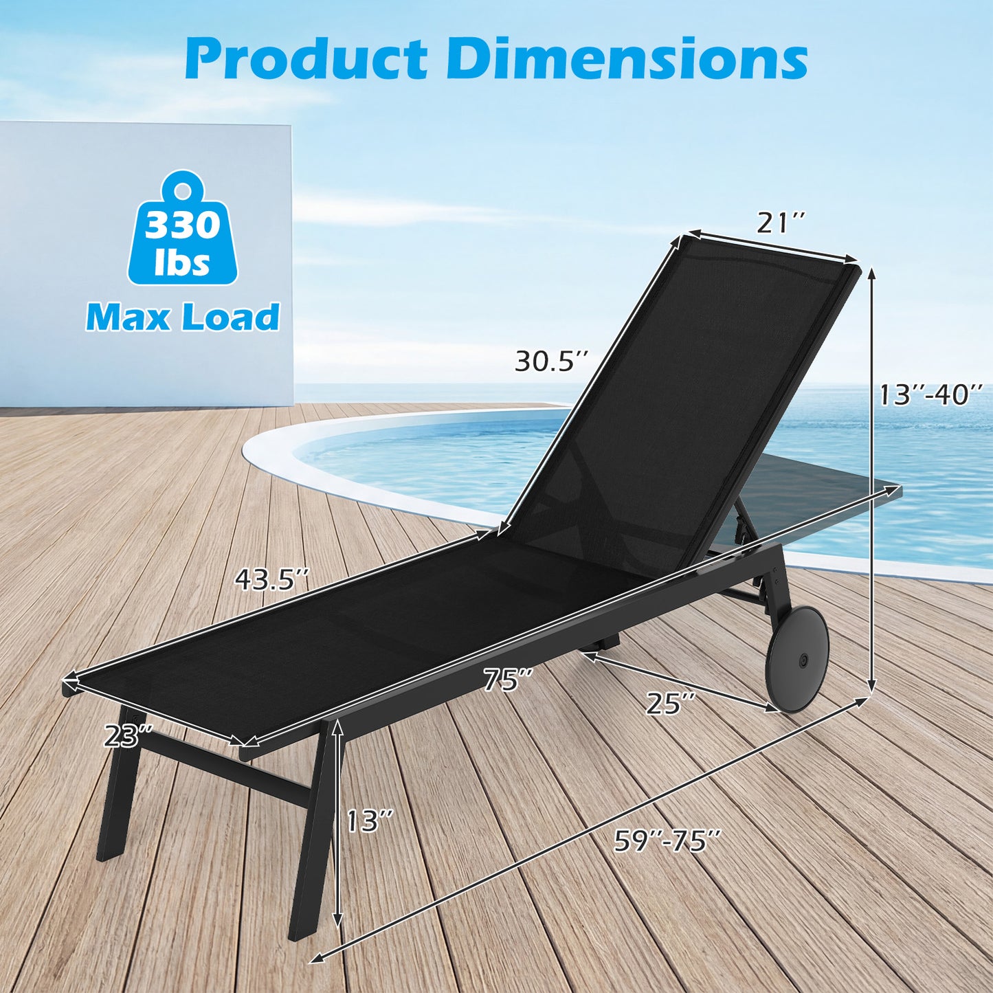 Patio Chaise Lounge Chair, Wheels, 6-Level Adjustable Backrest, Set of 2, Black Outdoor Chaise Lounges at Gallery Canada