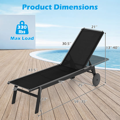 Patio Chaise Lounge Chair, Wheels, 6-Level Adjustable Backrest, Set of 2, Black Outdoor Chaise Lounges at Gallery Canada