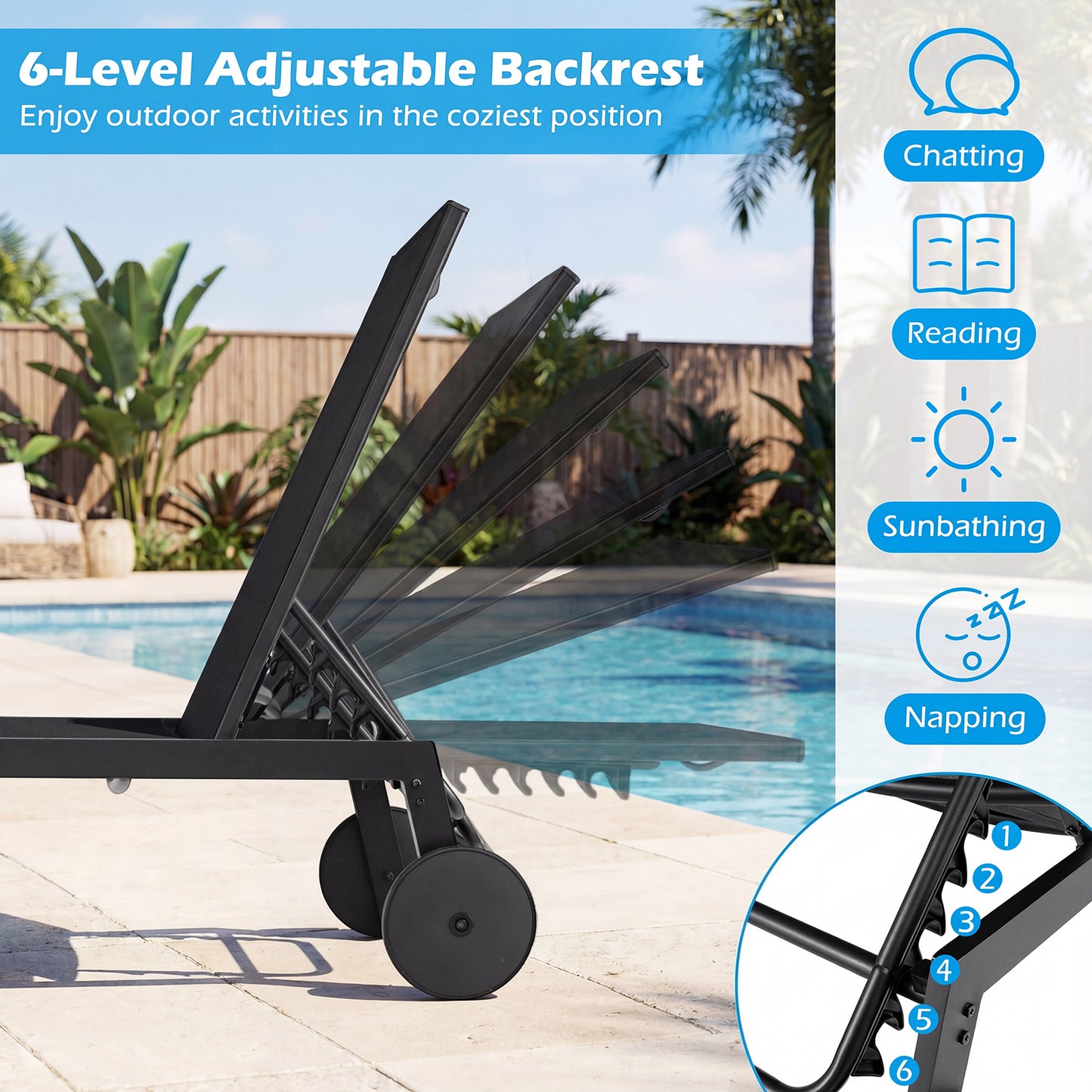 Patio Chaise Lounge Chair, Wheels, 6-Level Adjustable Backrest, Set of 2, Black Outdoor Chaise Lounges at Gallery Canada