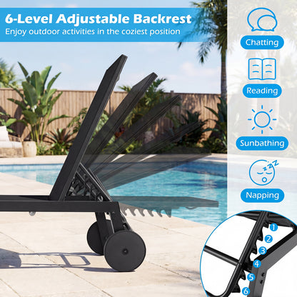 Patio Chaise Lounge Chair, Wheels, 6-Level Adjustable Backrest, Set of 2, Black Outdoor Chaise Lounges at Gallery Canada