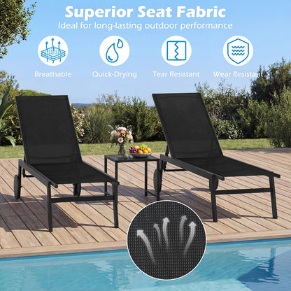 Patio Chaise Lounge Chair, Wheels, 6-Level Adjustable Backrest, Set of 2, Black Outdoor Chaise Lounges at Gallery Canada