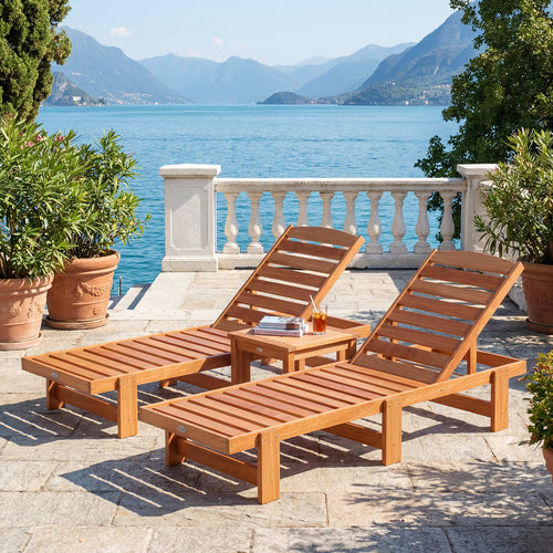 Solid Wood Chaise Lounge, Adjustable Backrest, Set of 2, Natural