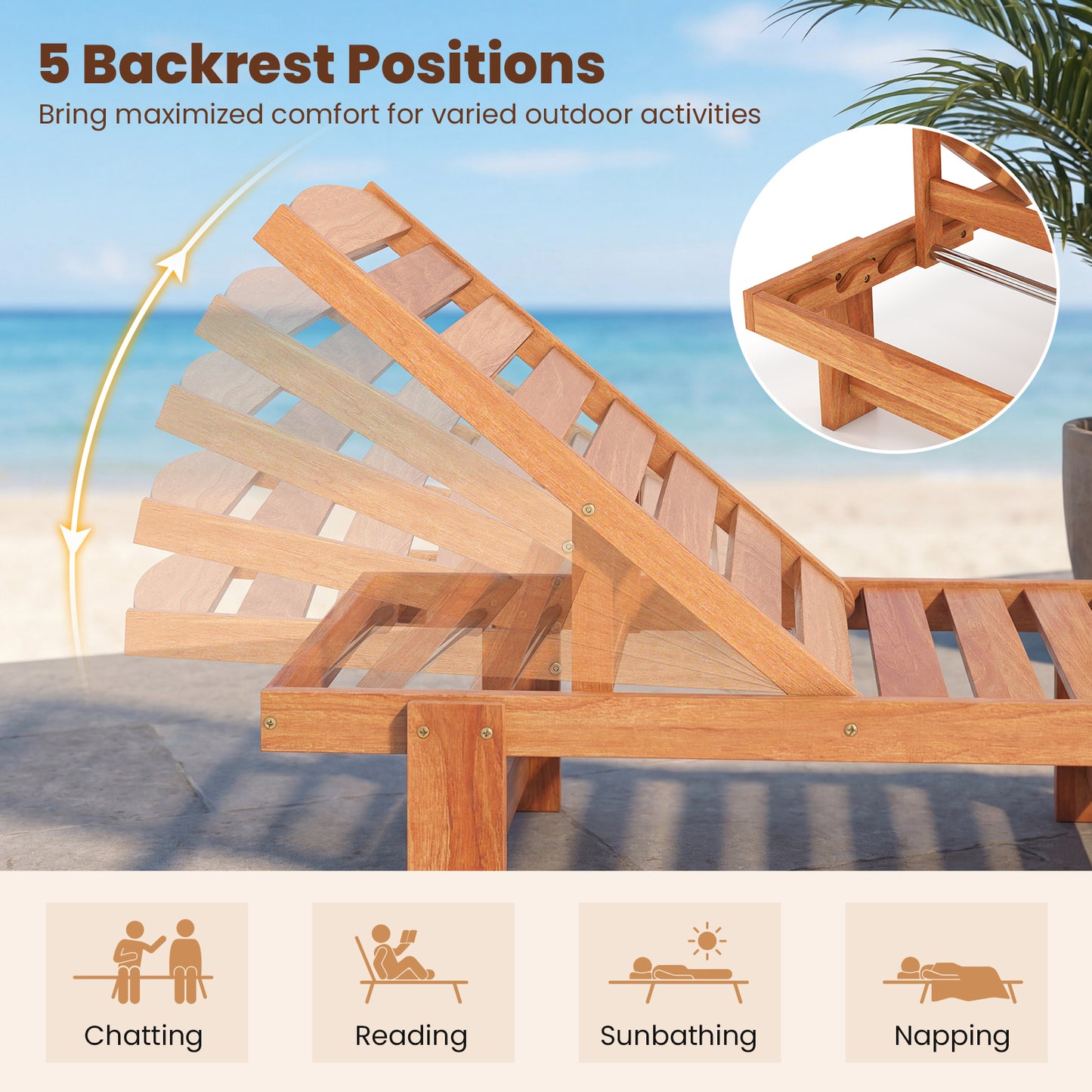 Solid Wood Chaise Lounge, Adjustable Backrest, Set of 2, Natural Outdoor Chaise Lounges at Gallery Canada