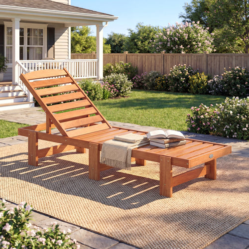 Solid Wood Slatted Chaise Lounge, Adjustable Backrest, Natural