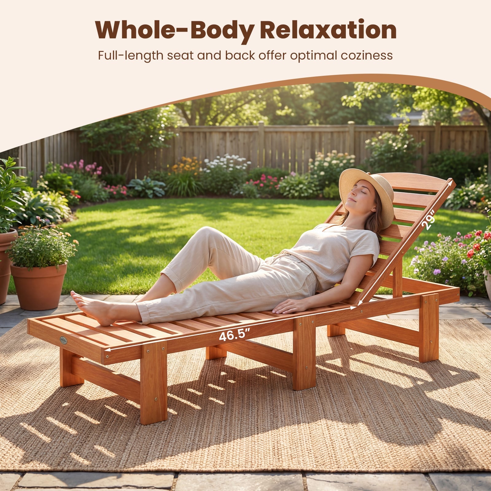Solid Wood Slatted Chaise Lounge, Adjustable Backrest, Natural Outdoor Chaise Lounges at Gallery Canada
