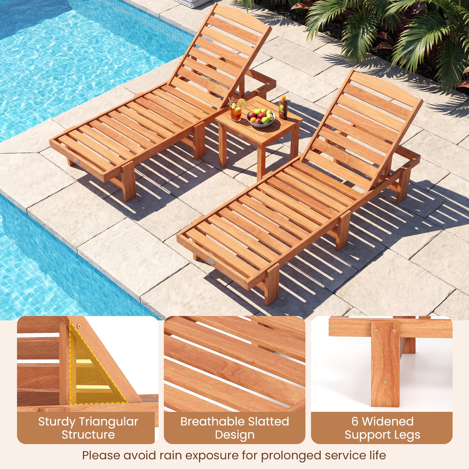 Solid Wood Slatted Chaise Lounge, Adjustable Backrest, Natural Outdoor Chaise Lounges at Gallery Canada