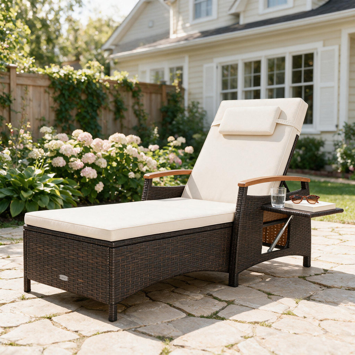 Chaise Lounge, 7-Level Adjustable Backrest, Cushion, White