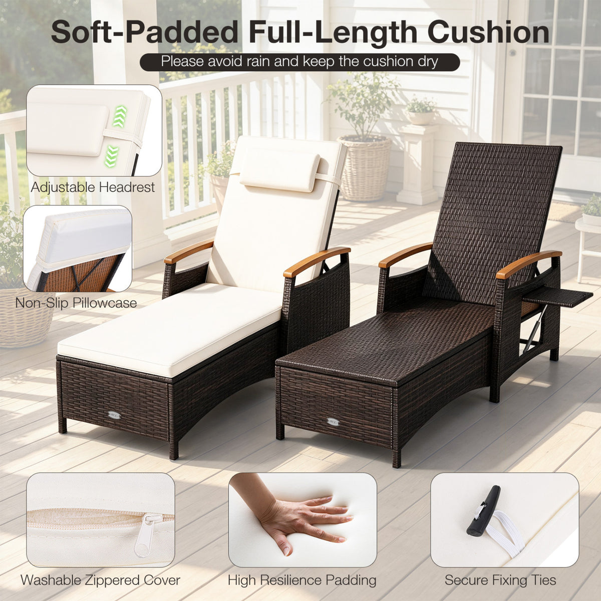 Chaise Lounge, 7-Level Adjustable Backrest, Cushion, White