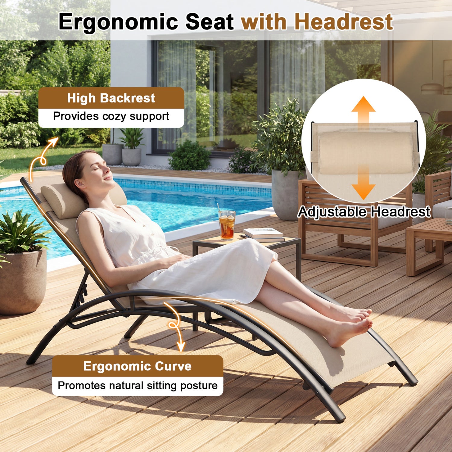 Patio Chaise Lounges Set of 2 Outdoor Recliner with 5-Position Backrest, Beige Outdoor Chaise Lounges at Gallery Canada