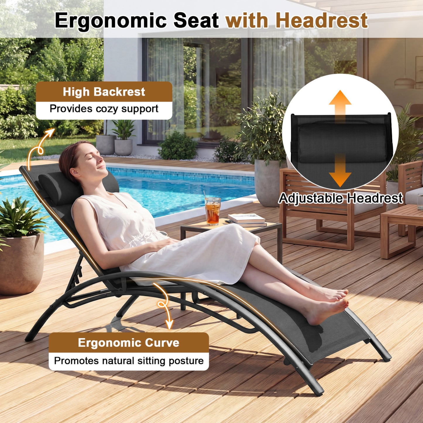 Patio Chaise Lounges Set of 2 Outdoor Recliner with 5-Position Backrest, Black Outdoor Chaise Lounges at Gallery Canada