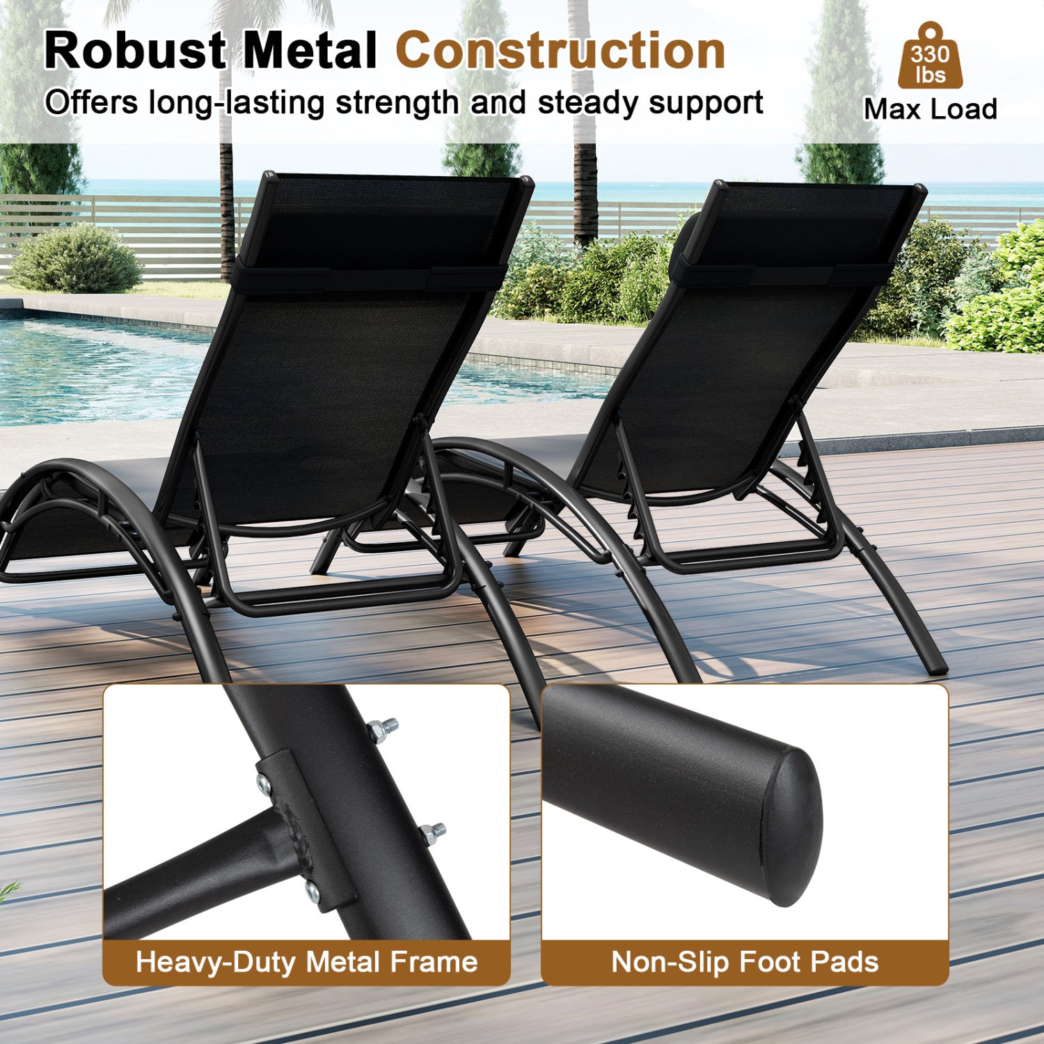Patio Chaise Lounges Set of 2 Outdoor Recliner with 5-Position Backrest, Black Outdoor Chaise Lounges at Gallery Canada