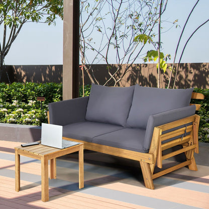 Convertible Solid Wood Patio Sofa with Cushion, Gray