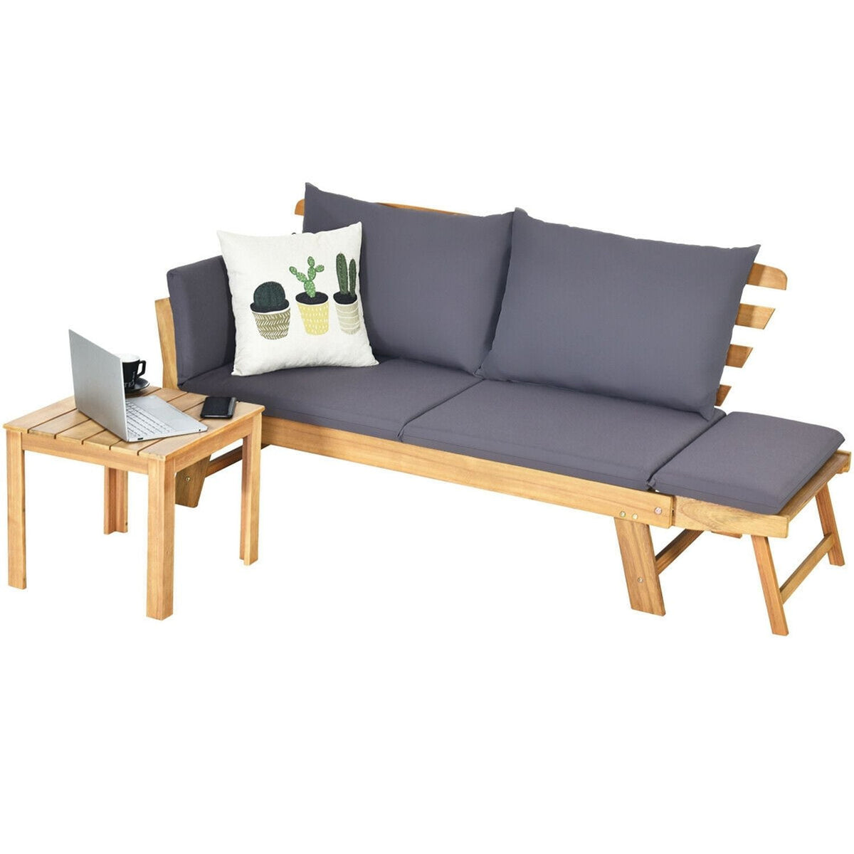 Convertible Solid Wood Patio Sofa with Cushion, Gray
