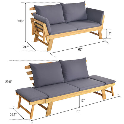Convertible Solid Wood Patio Sofa with Cushion, Gray