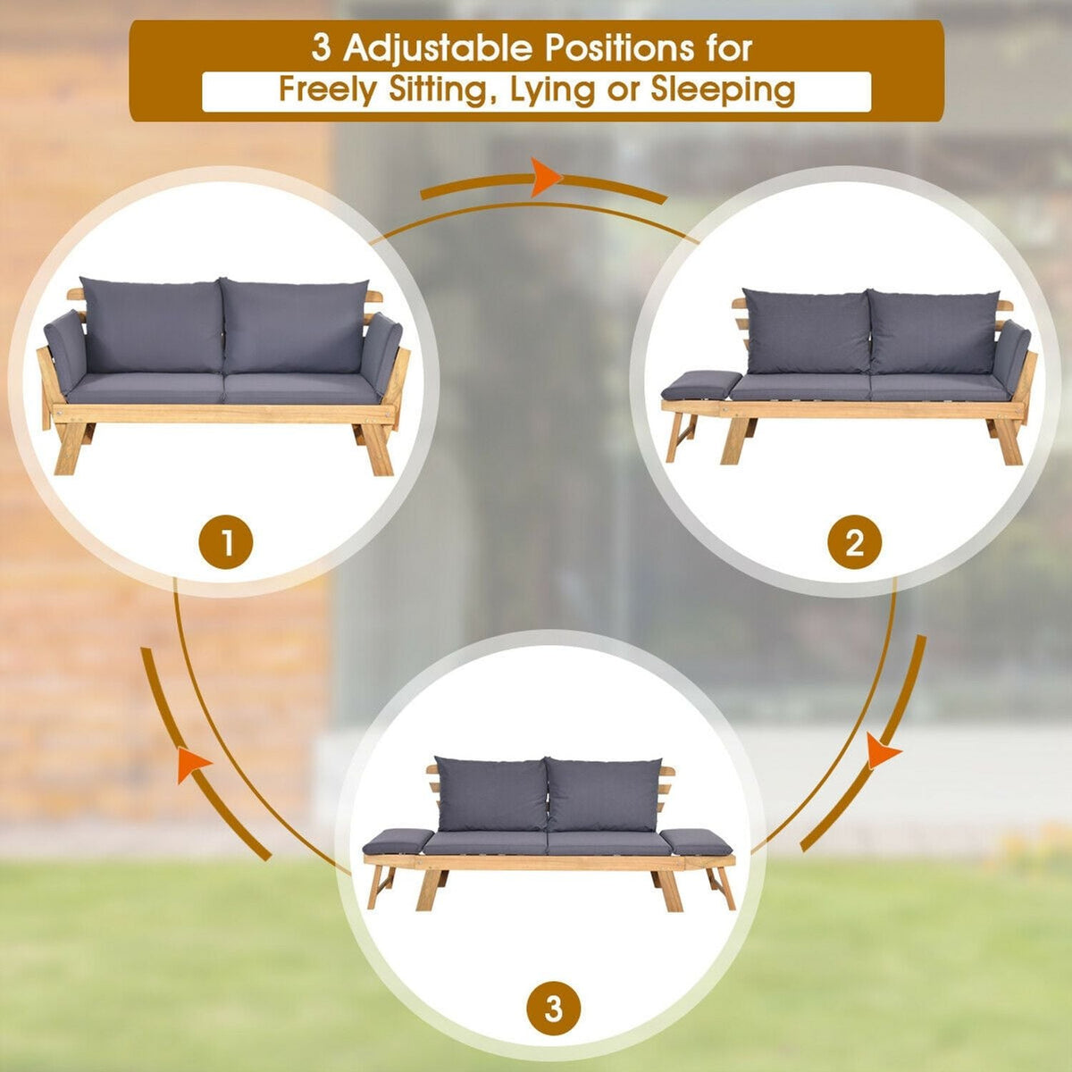 Convertible Solid Wood Patio Sofa with Cushion, Gray