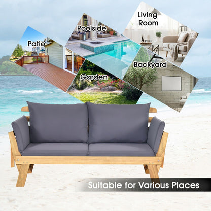 Convertible Solid Wood Patio Sofa with Cushion, Gray