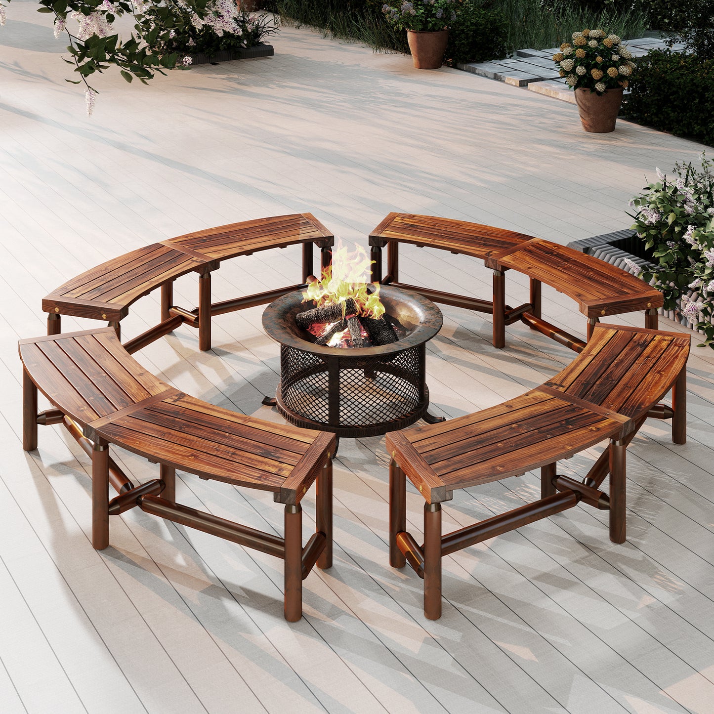 Patio Curved Bench Solid Wood Fire Pit Bench Outdoor Backless Loveseat, Rustic Brown Outdoor Benches at Gallery Canada