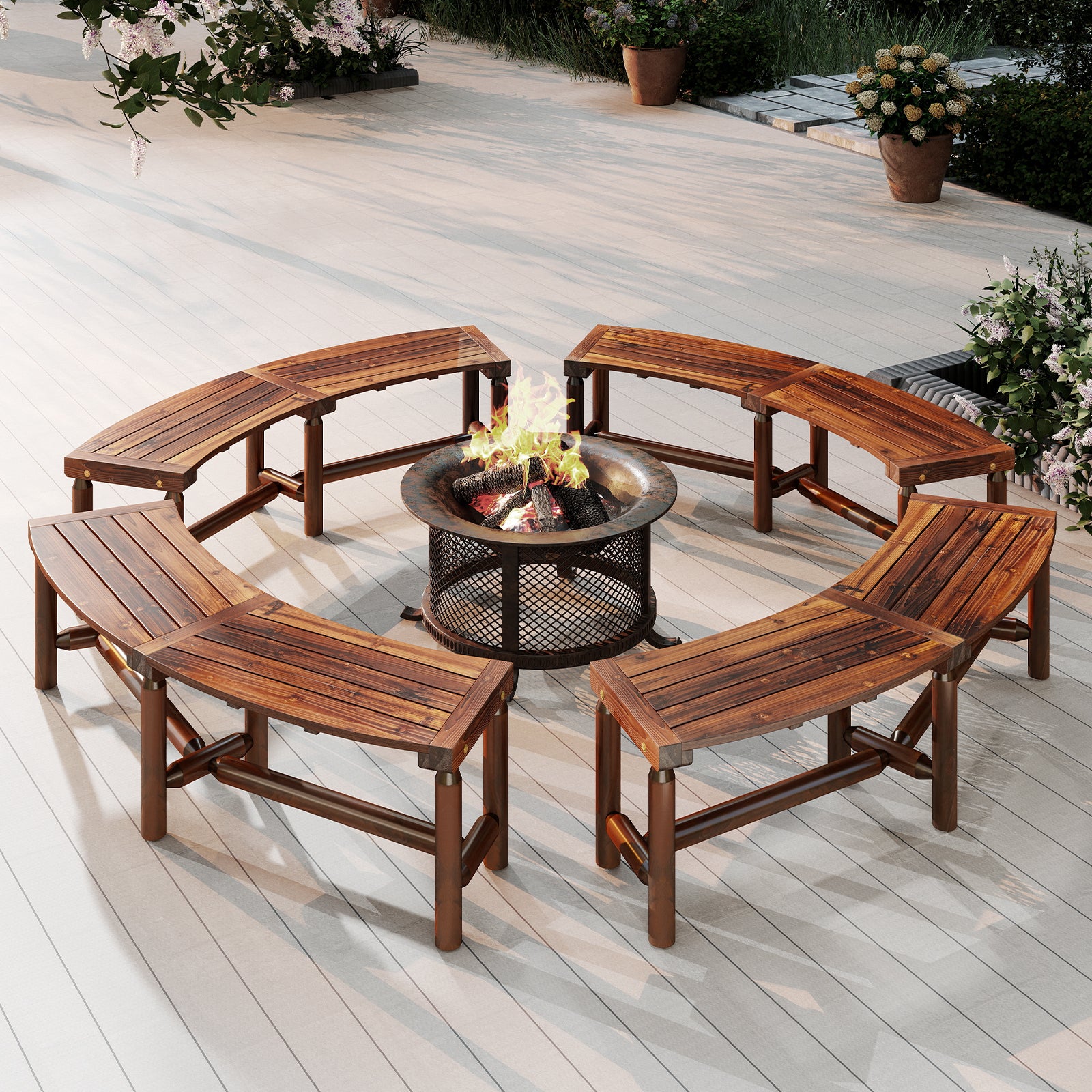 Patio Curved Bench Solid Wood Fire Pit Bench Outdoor Backless Loveseat, Rustic Brown Outdoor Benches at Gallery Canada