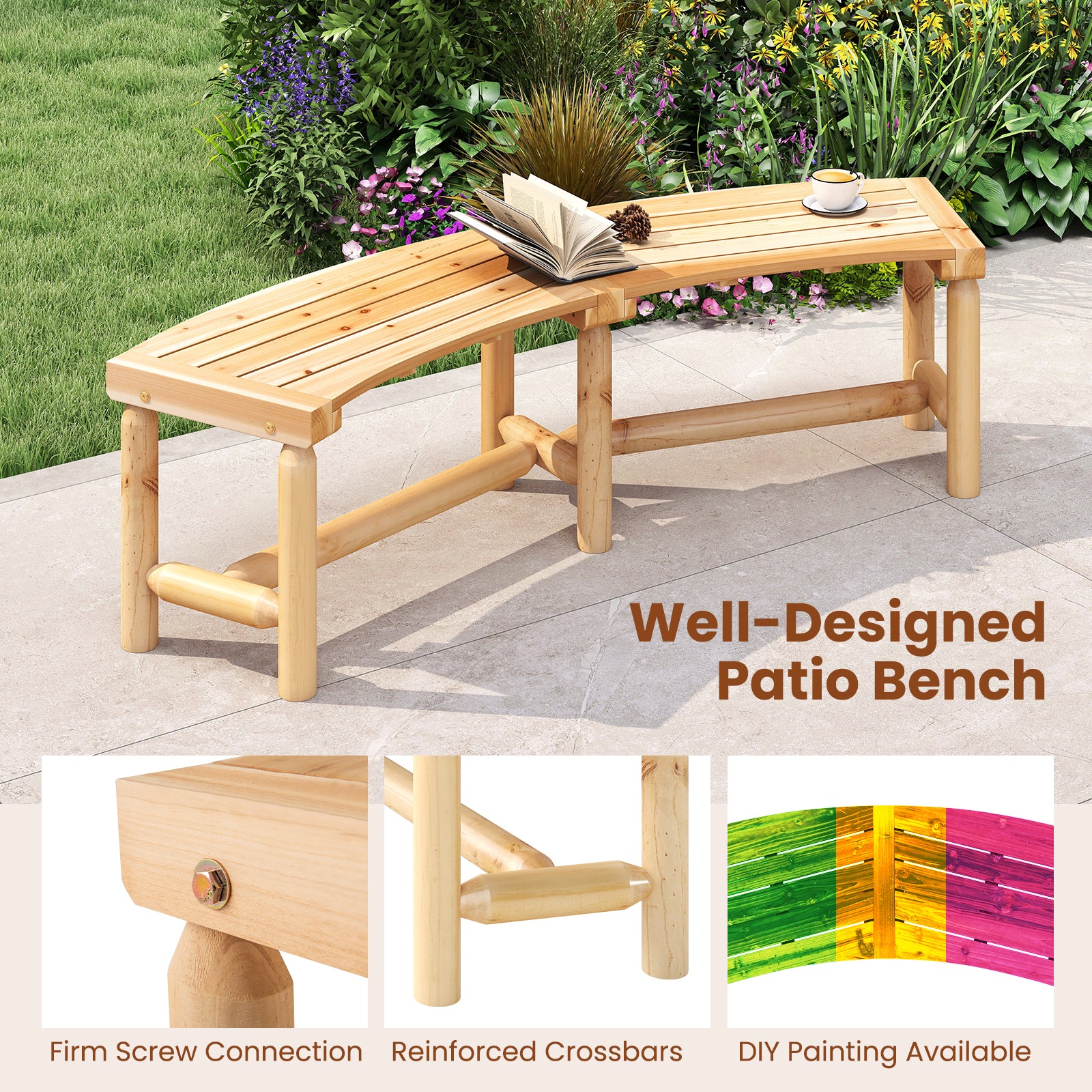 Patio Curved Bench Solid Wood Fire Pit Bench Outdoor Backless Loveseat, Natural Outdoor Benches at Gallery Canada
