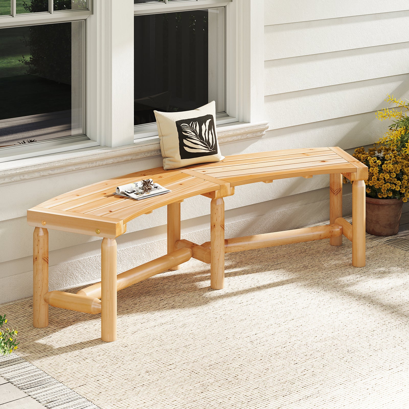 Patio Curved Bench Solid Wood Fire Pit Bench Outdoor Backless Loveseat, Natural Outdoor Benches at Gallery Canada