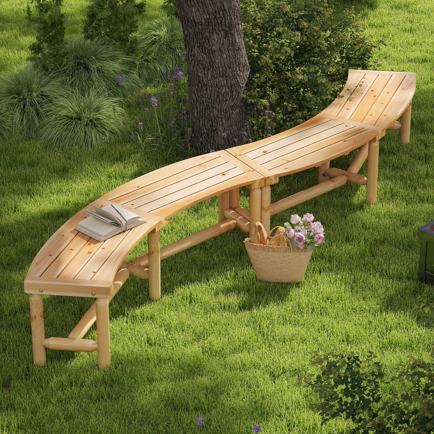 Patio Curved Bench Solid Wood Fire Pit Bench Outdoor Backless Loveseat, Natural Outdoor Benches at Gallery Canada