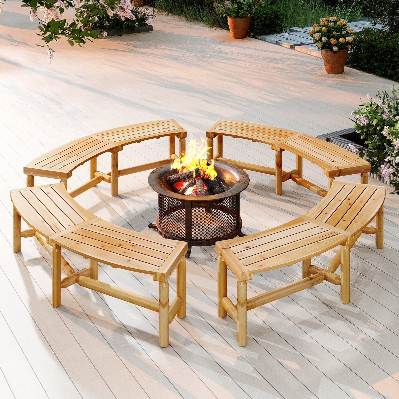 Patio Curved Bench Solid Wood Fire Pit Bench Outdoor Backless Loveseat, Natural Outdoor Benches at Gallery Canada