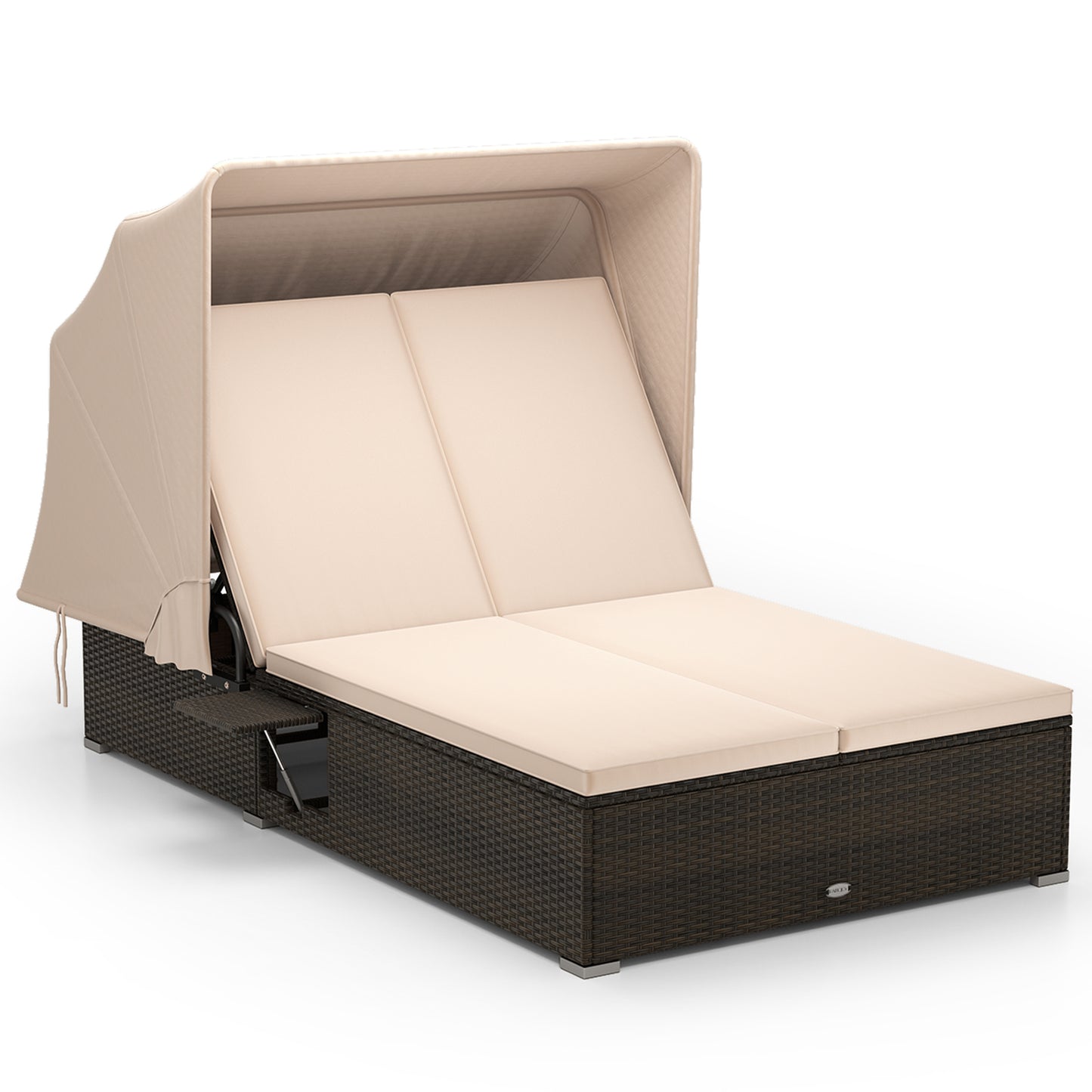 Double Chaise Lounge With Shade Cushions, Folding Side Trays, Beige Outdoor Chaise Lounges at Gallery Canada