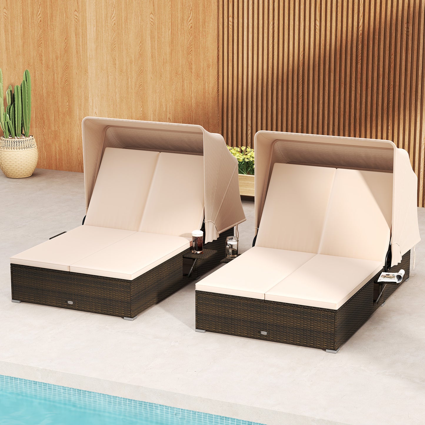 Patio Double Chaise Lounge with Shade Cushions and Folding Side Trays, Beige Outdoor Chaise Lounges at Gallery Canada