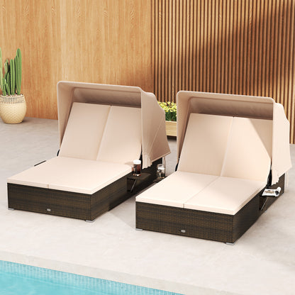Patio Double Chaise Lounge with Shade Cushions and Folding Side Trays, Beige Outdoor Chaise Lounges at Gallery Canada