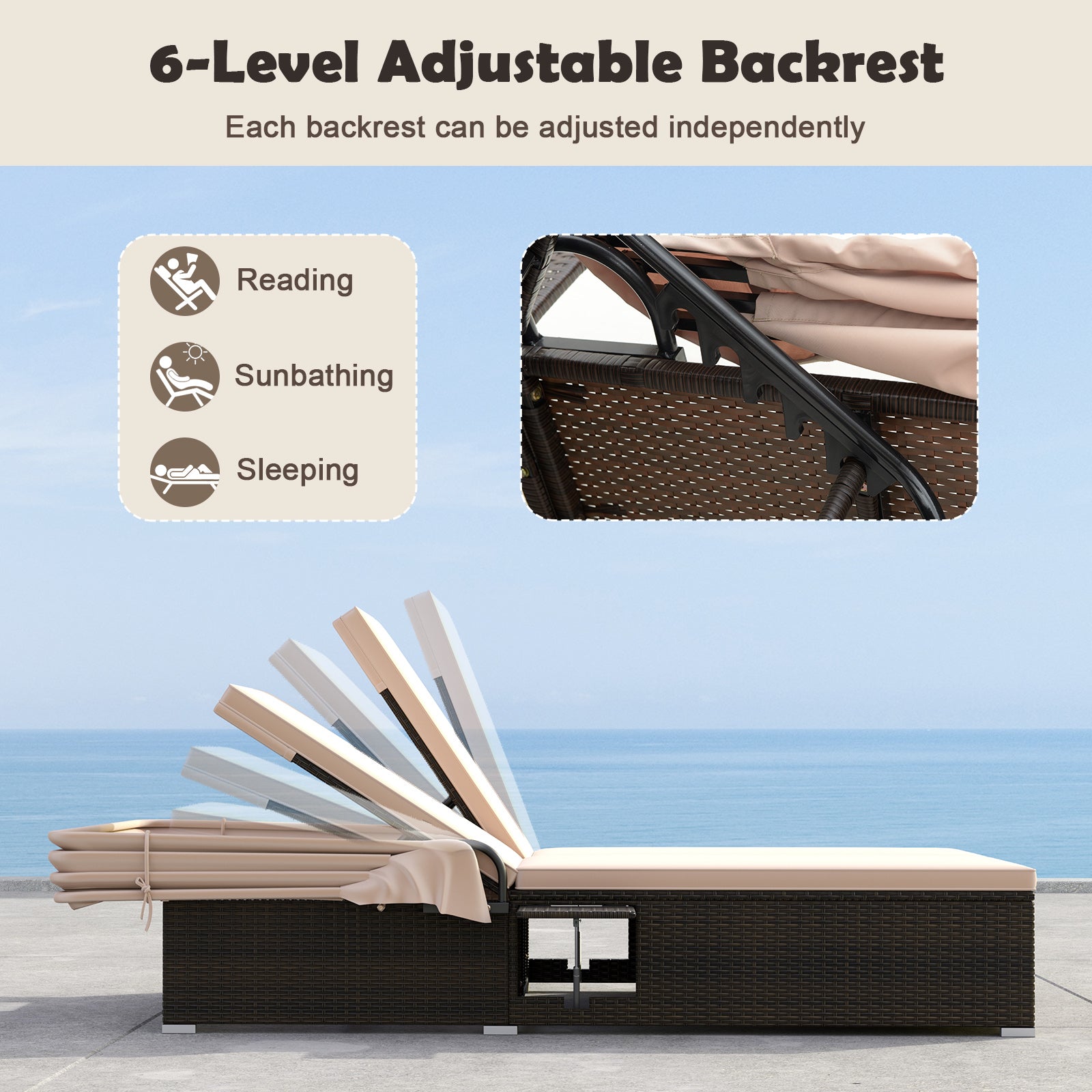 Patio Double Chaise Lounge with Shade Cushions and Folding Side Trays, Beige Outdoor Chaise Lounges at Gallery Canada