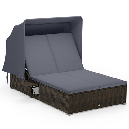 Patio Double Chaise Lounge with Shade Cushions and Folding Side Trays, Gray Outdoor Chaise Lounges at Gallery Canada