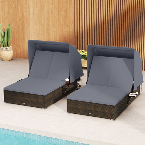 Patio Double Chaise Lounge with Shade Cushions and Folding Side Trays, Gray