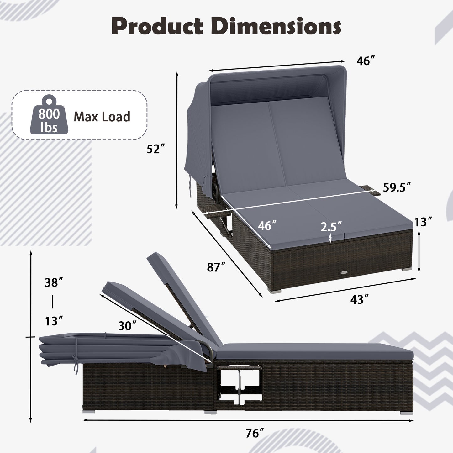 Patio Double Chaise Lounge with Shade Cushions and Folding Side Trays, Gray Outdoor Chaise Lounges at Gallery Canada